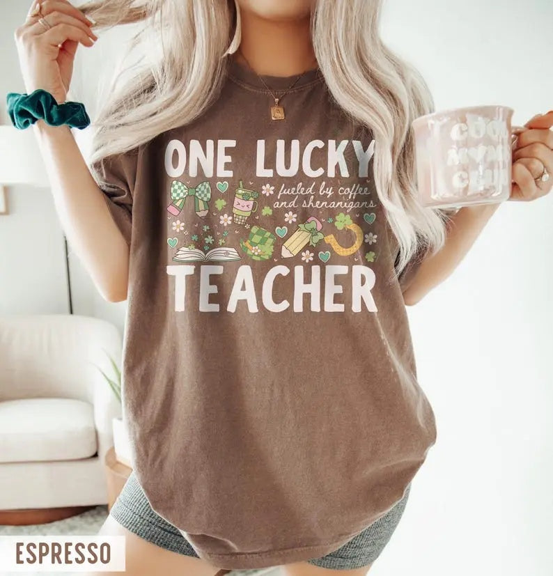 "One Lucky Teacher" Comfort Colors St. Patrick's Day Tee - Retro Coffee & Shenanigans Graphic Shirt