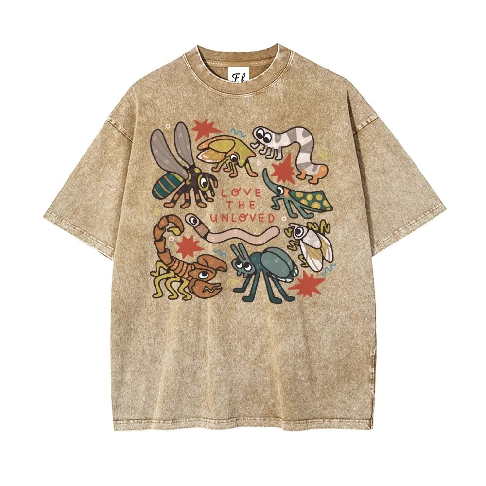 "Love The Unloved" Vintage Washed Insect Graphic Tee - Oversized Quirky Bug Lover Streetwear