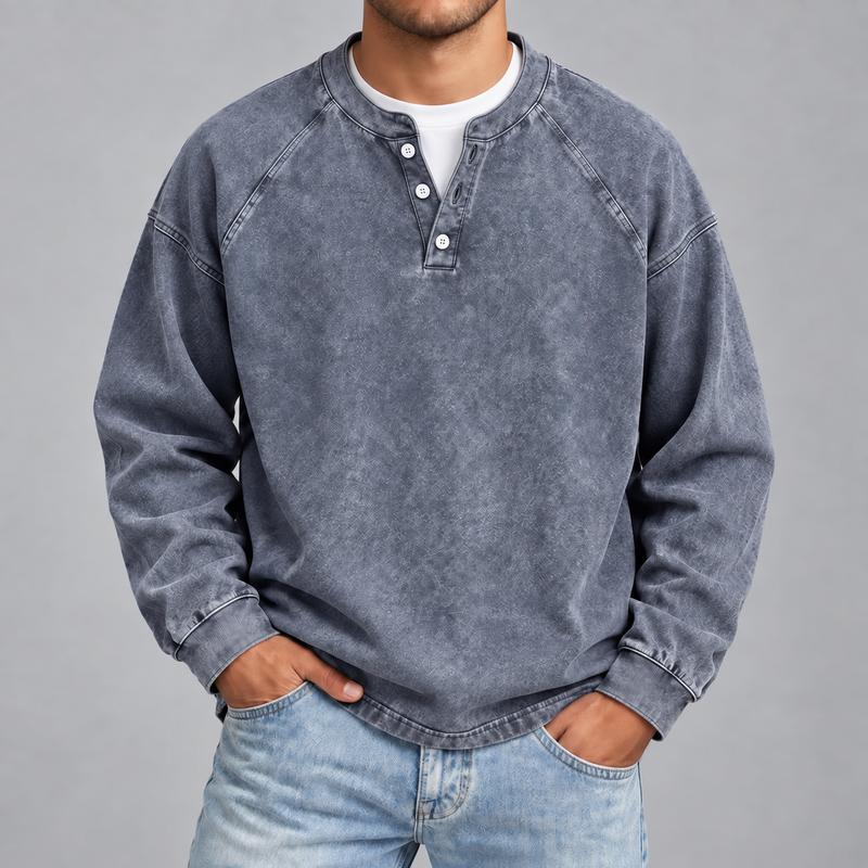 Men's Vintage Washed Henley Shirt with Long Sleeves and Relaxed Fit