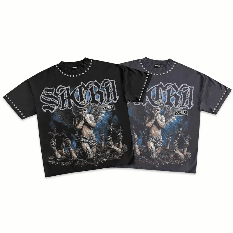 Retro Angel Graphic T-Shirt with Gothic Streetwear Style for Men