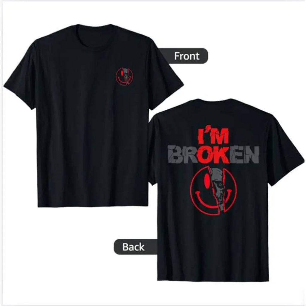 "I'M BROKEN" Distressed Smiley Face Graphic Tee - Edgy Grunge Aesthetic Streetwear Shirt