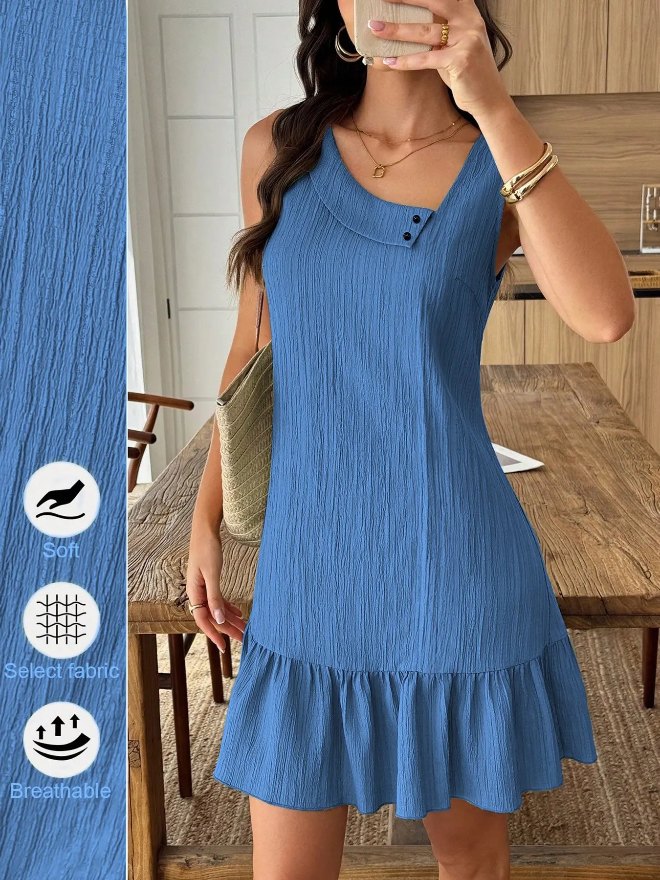 Blue Sleeveless Ruffle Hem Sundress for Summer Daily Wear