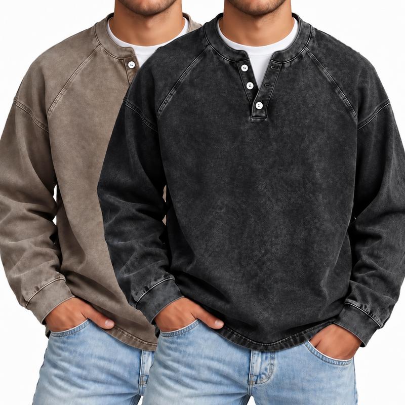 Men's Vintage Washed Henley Shirt with Long Sleeves and Relaxed Fit