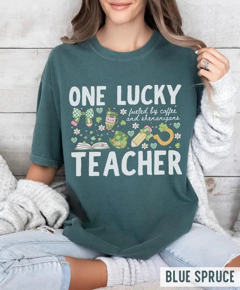 "One Lucky Teacher" Comfort Colors St. Patrick's Day Tee - Retro Coffee & Shenanigans Graphic Shirt