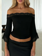 Elegant Lace Off Shoulder Crop Top for Feminine Y2K Date Night Style