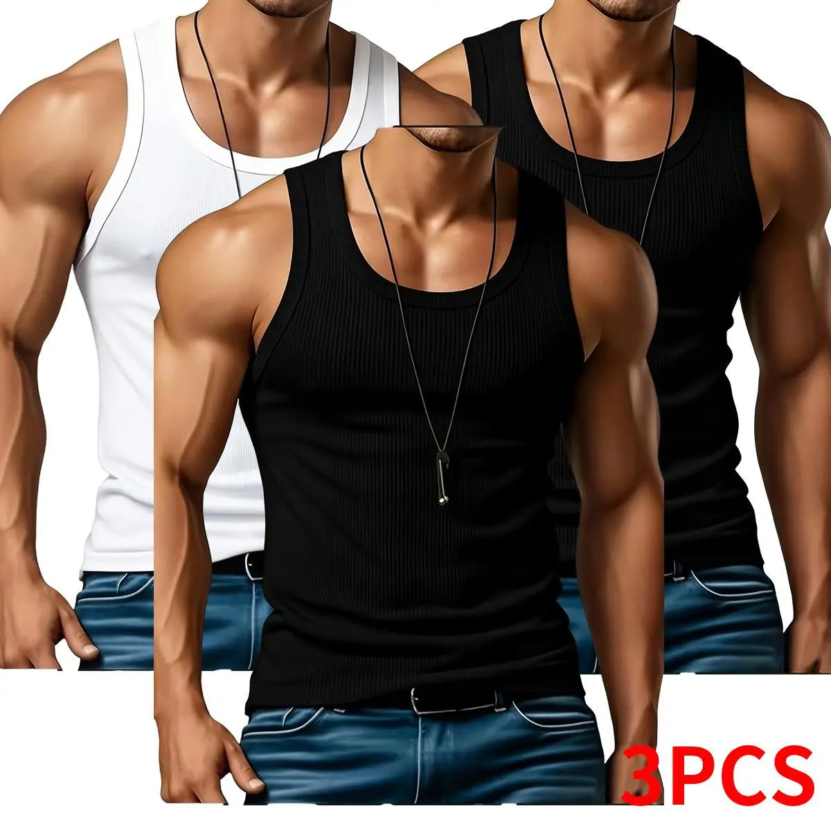 Men's Ribbed Knit Tank Top 3-Pack for Gym Training and Everyday Casual Style