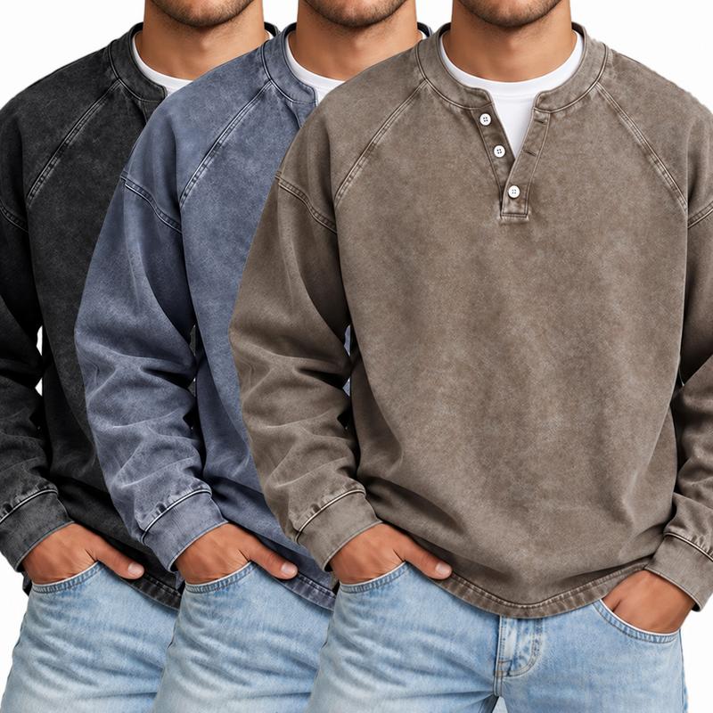 Men's Vintage Washed Henley Shirt with Long Sleeves and Relaxed Fit