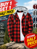Men's Plus Size Checked Flannel Hooded Long Sleeve Shirt-Jacket - Button Front, Drawstring Hood, Pockets, Soft Casual Style Outerwear for Streetwear, Office Classic Outdoor