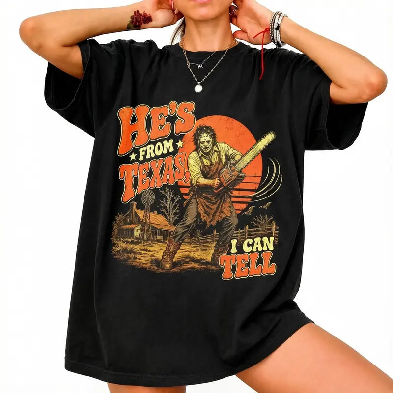 Texas Slasher Horror Graphic Tee for Spooky Season Movie Fan Outfits