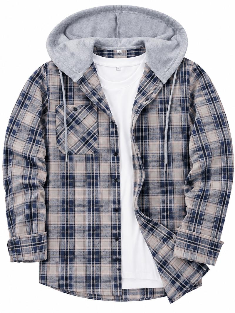 Men's Plus Size Checked Flannel Hooded Long Sleeve Shirt-Jacket - Button Front, Drawstring Hood, Pockets, Soft Casual Style Outerwear for Streetwear, Office Classic Outdoor