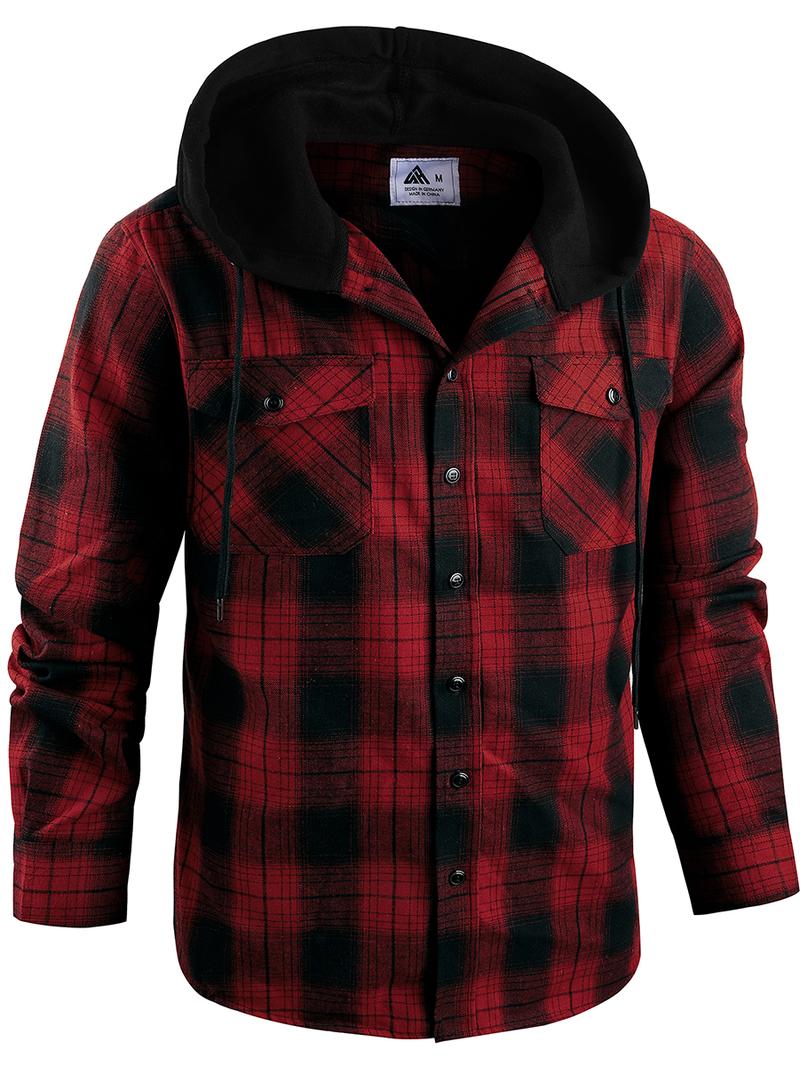 Men's Plus Size Checked Flannel Hooded Long Sleeve Shirt-Jacket - Button Front, Drawstring Hood, Pockets, Soft Casual Style Outerwear for Streetwear, Office Classic Outdoor