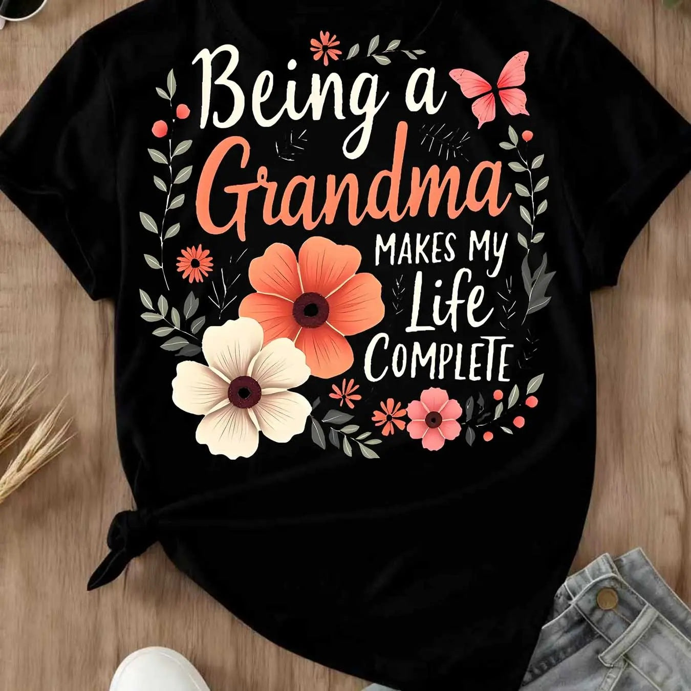Elegant Floral "Grandma Makes Life Complete" Graphic Tee for Women