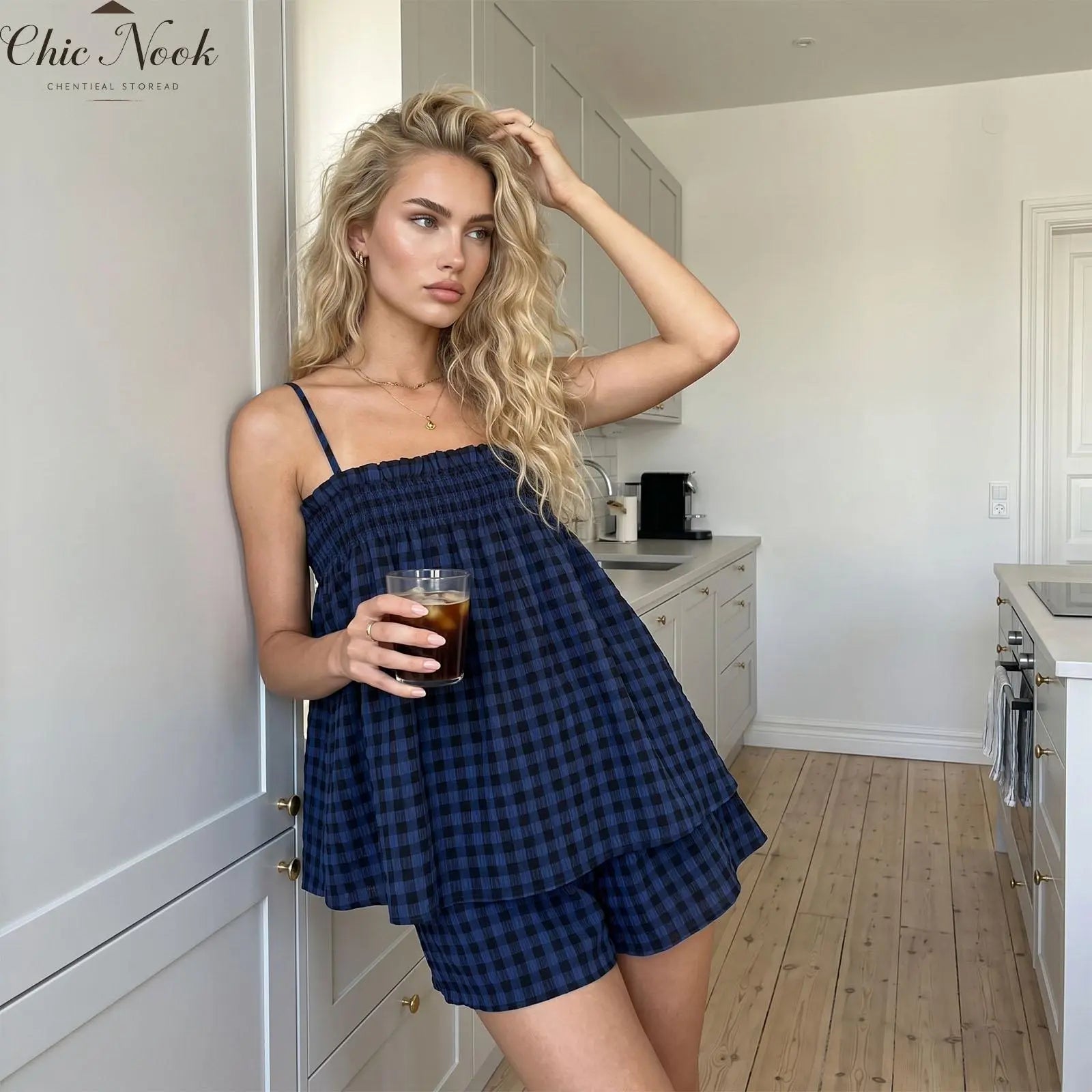 Women's Plaid Gingham Lounge Outfits Ruffle Flowy Tank Tops and  Wide Leg Shorts Sets