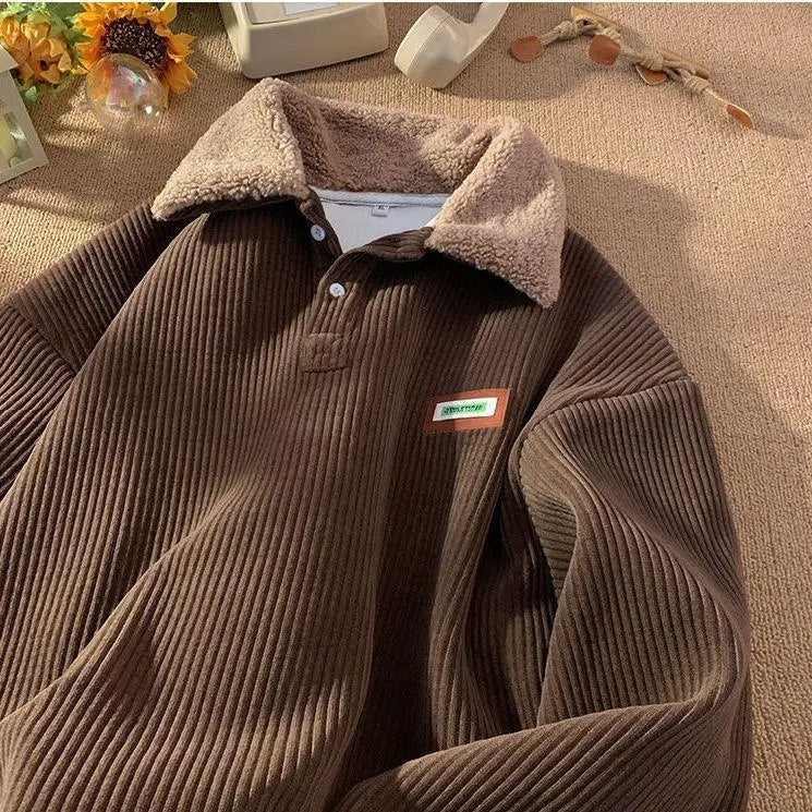 Corduroy Polo Collar Pullover Sweater for Cozy Winter Streetwear Outfits