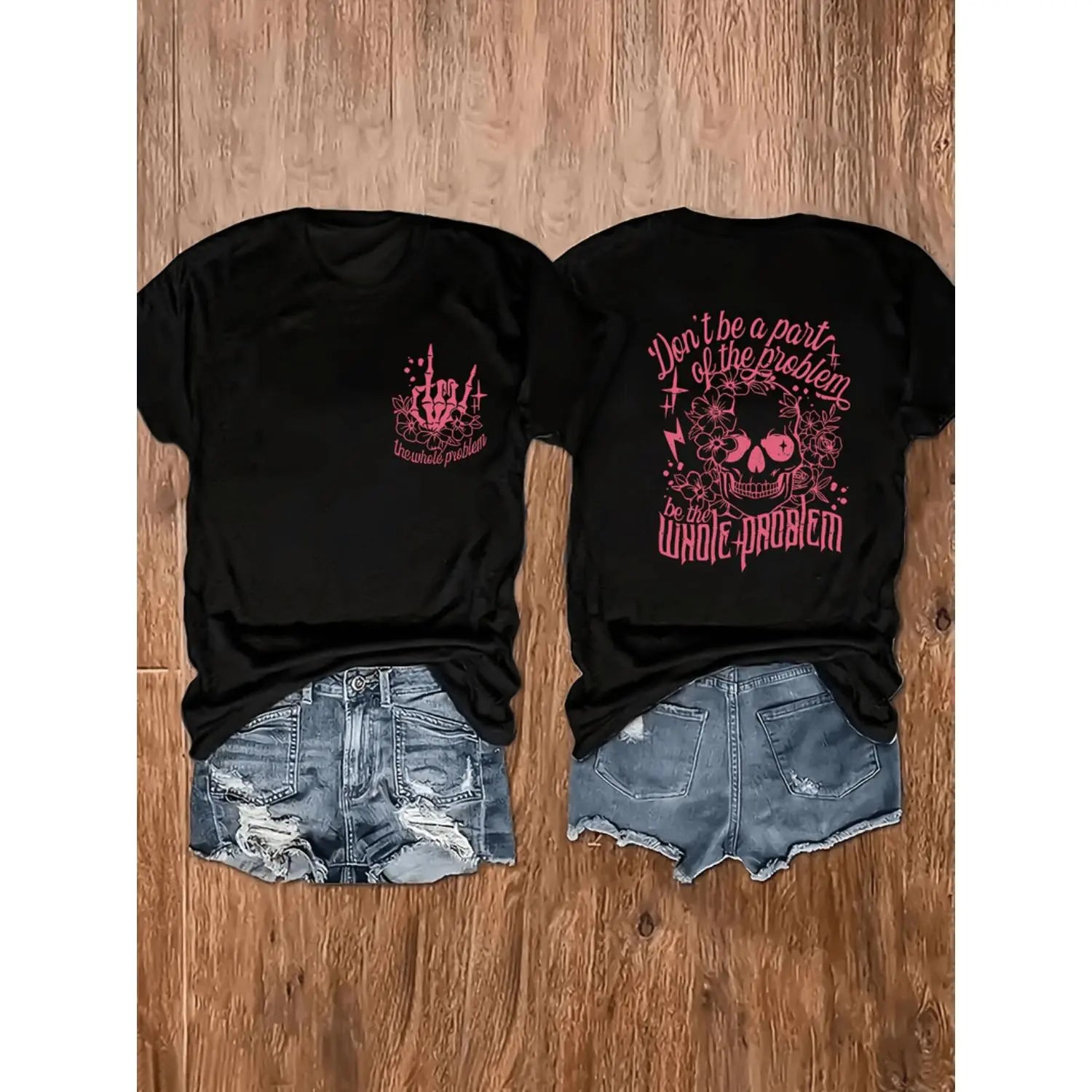 "Be The Whole Problem" Sassy Skull Graphic Plus Size Tee - Edgy Pink & Black Streetwear Shirt