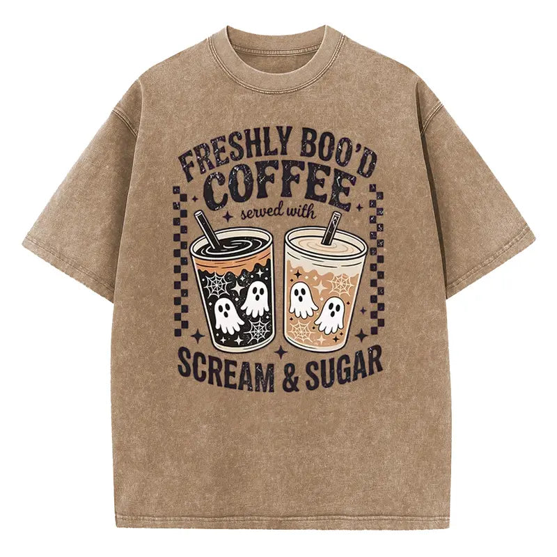 Retro Ghost Coffee Graphic Tee for Halloween Streetwear and Fall Outfits