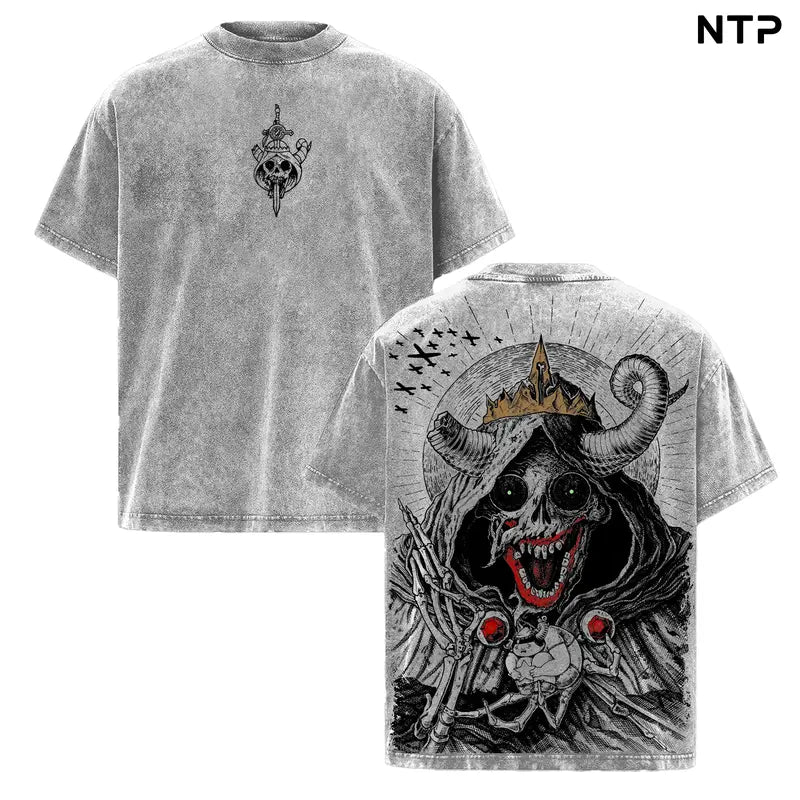 Dark Fantasy Skull King Washed Oversized Graphic T-Shirt