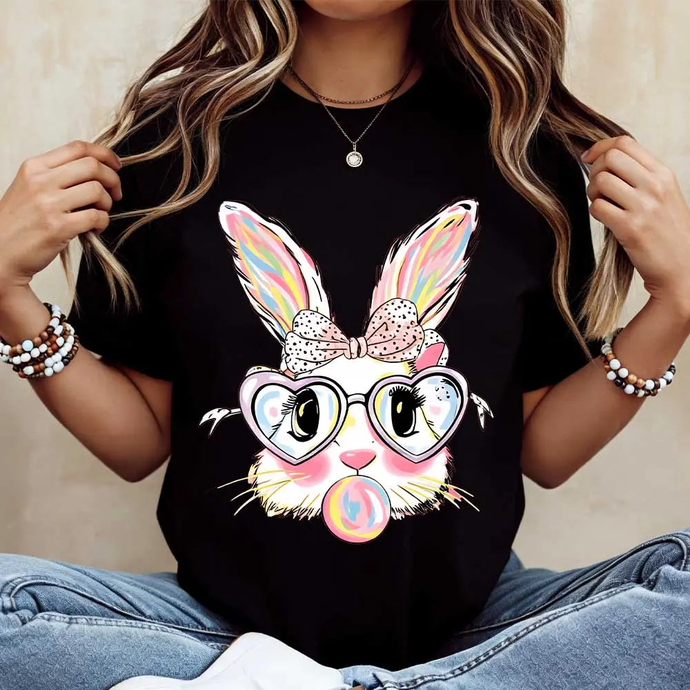 Sassy Pink Bubblegum Bunny Easter Tee - Whimsical Heart-Glasses Spring Holiday Graphic T-Shirt