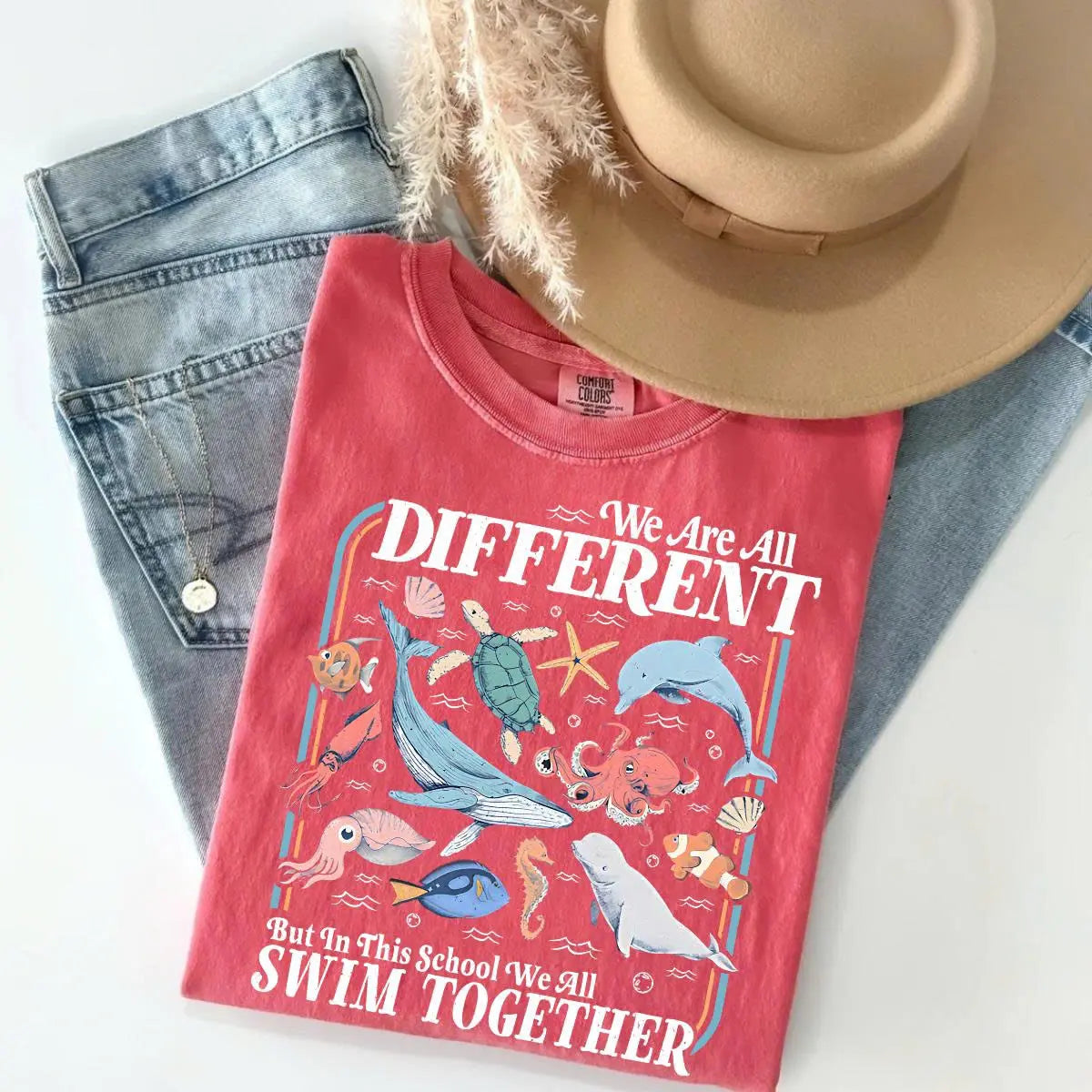 "We All Swim Together" Inclusive Ocean Teacher Tee - Vintage Comfort Colors Classroom Apparel