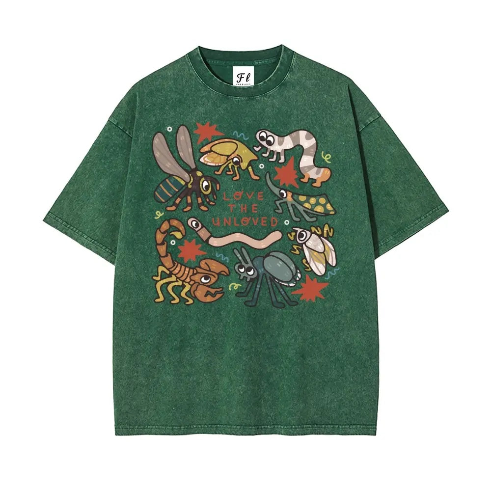"Love The Unloved" Vintage Washed Insect Graphic Tee - Oversized Quirky Bug Lover Streetwear