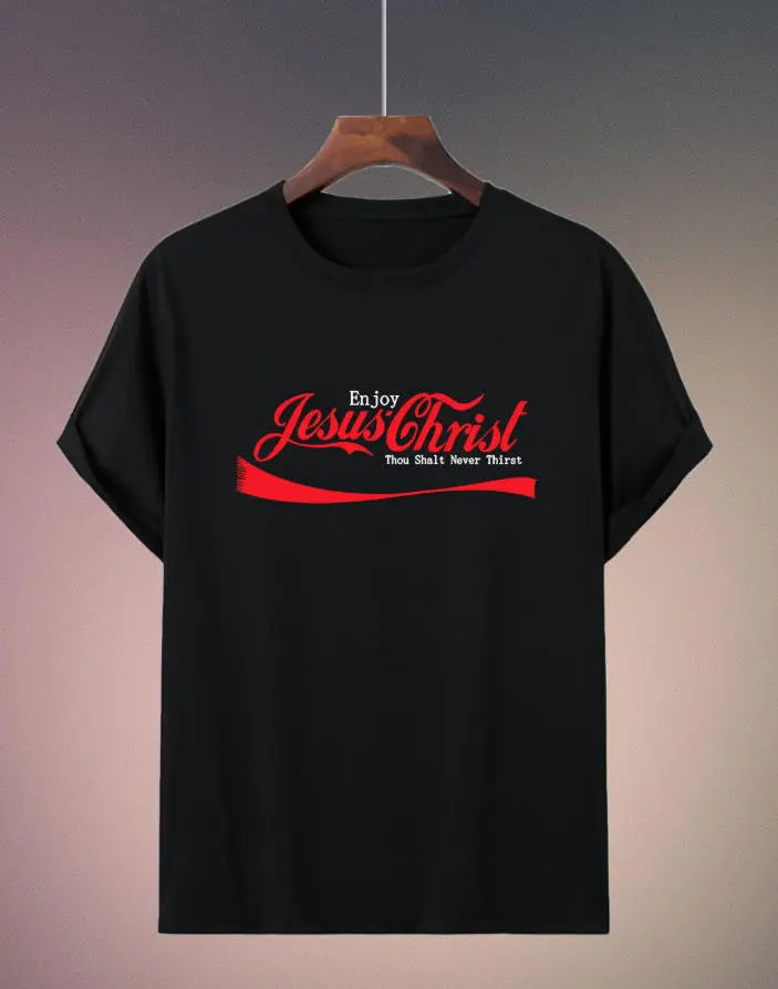 Pop Culture Parody: "Enjoy Jesus Christ" Vintage Soda Script Statement Tee