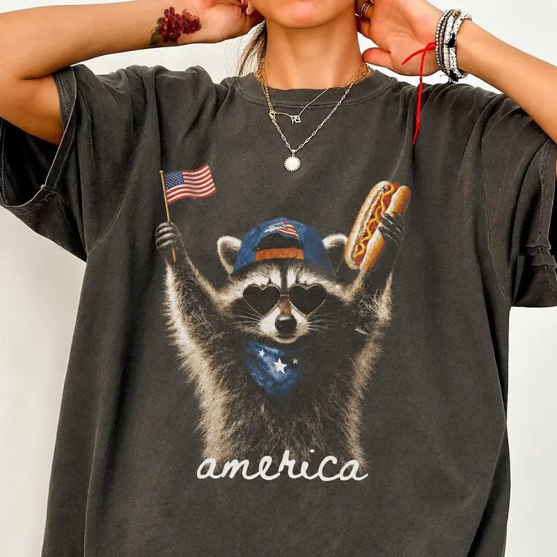 Funny Patriotic Raccoon Graphic T-Shirt for Fourth of July Parties