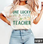 "One Lucky Teacher" Comfort Colors St. Patrick's Day Tee - Retro Coffee & Shenanigans Graphic Shirt