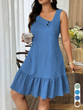 Blue Sleeveless Ruffle Hem Sundress for Summer Daily Wear