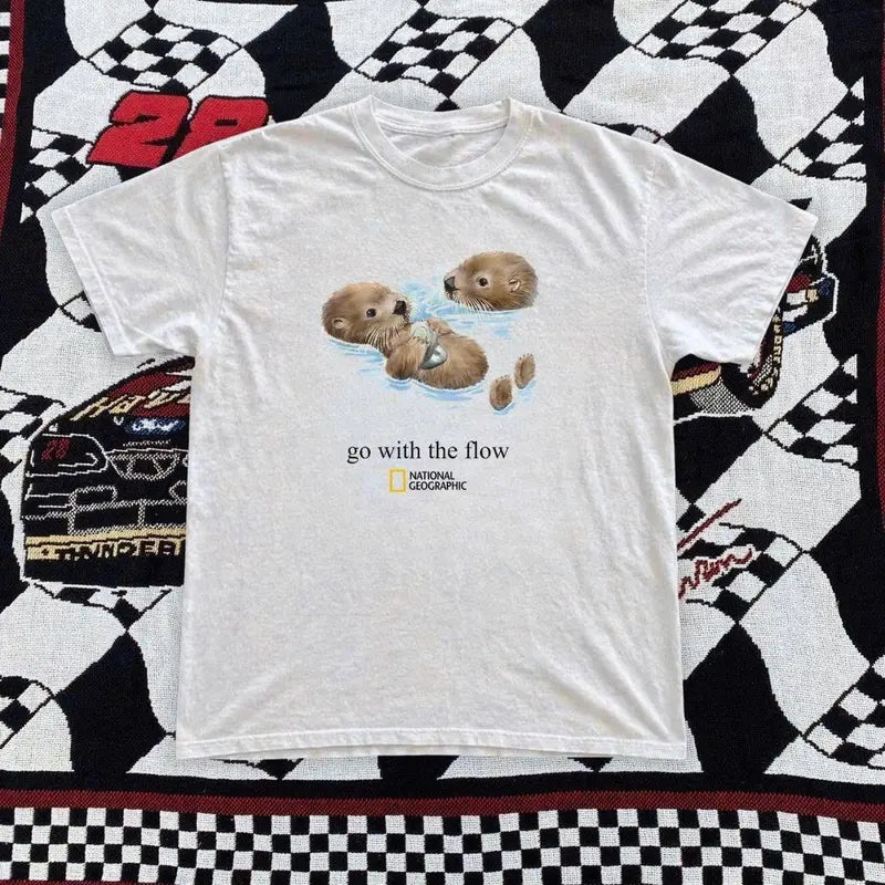 Go With The Flow Otter Graphic Vintage Unisex Streetwear T-Shirt