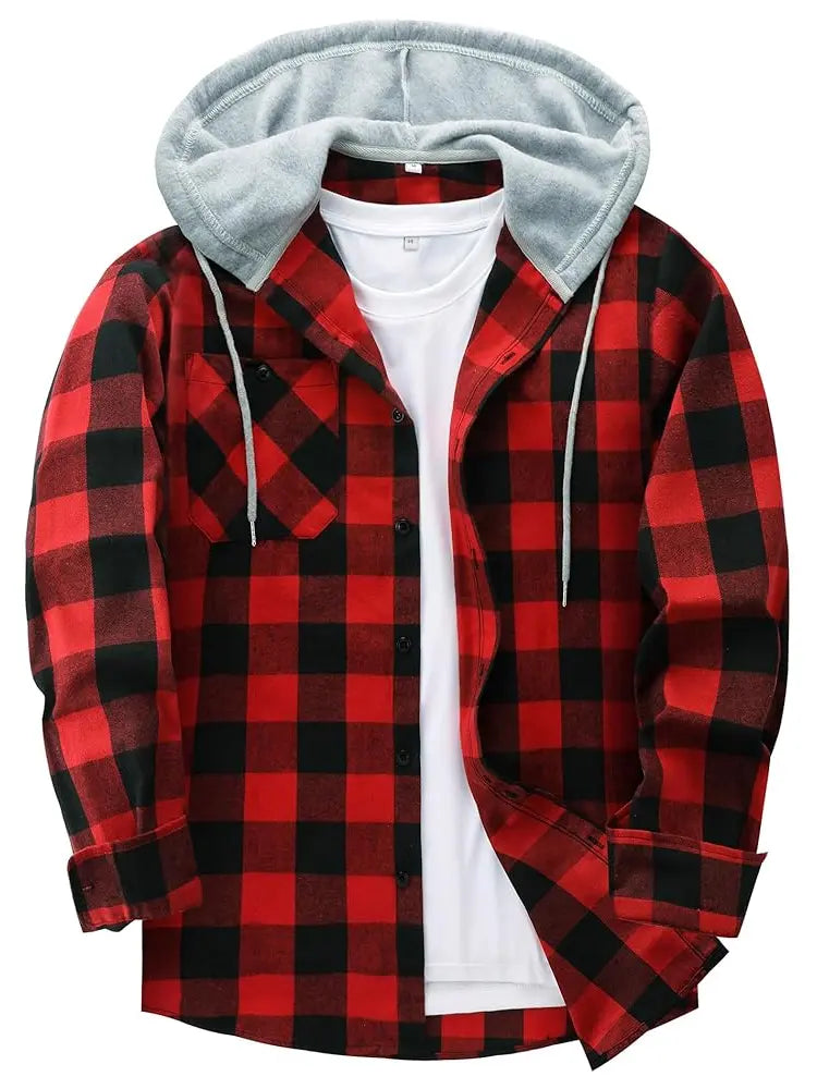 Men's Plus Size Checked Flannel Hooded Long Sleeve Shirt-Jacket - Button Front, Drawstring Hood, Pockets, Soft Casual Style Outerwear for Streetwear, Office Classic Outdoor