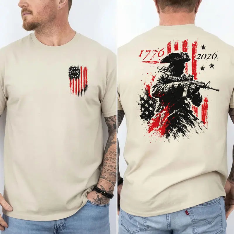 1776–2026 Patriotic Revolutionary Soldier Graphic T-Shirt for America's 250th Anniversary