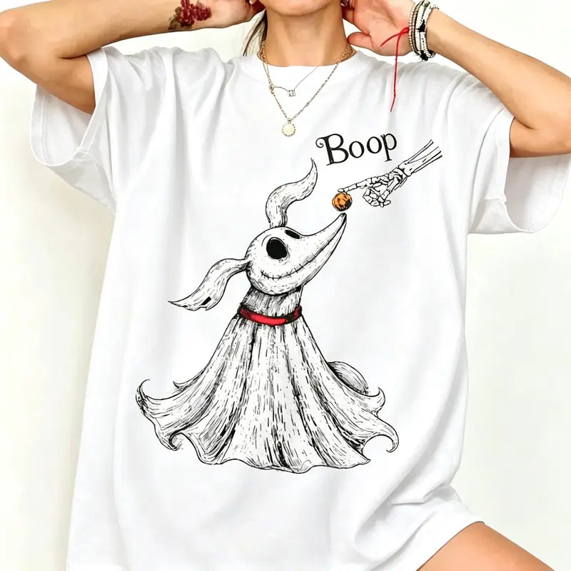 Funny Skeleton Dog Boop Graphic Tee for Halloween Humor Casual Outfits
