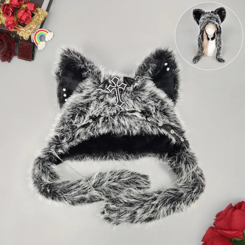 Y2K Gothic Fluffy Wolf Ear Trapper Hat for Punk Winter Cosplay Outfits