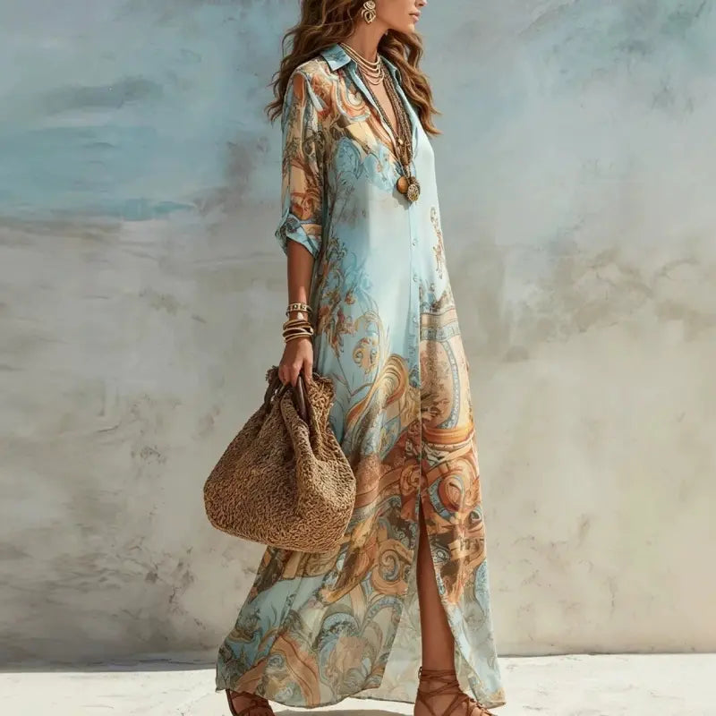 Women's V-Neck Maxi Featuring an Ethnic Printed Color Pattern, Belted Waist, Plussize Curvy Clothing, Lady, Casual Wear