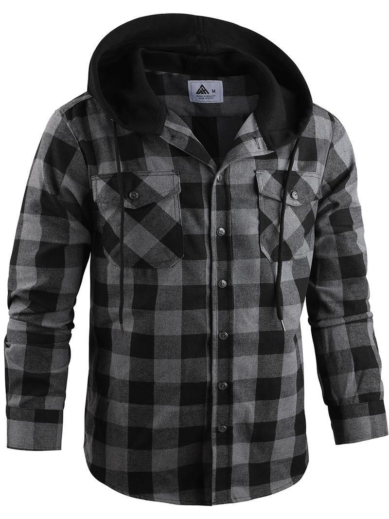 Men's Plus Size Checked Flannel Hooded Long Sleeve Shirt-Jacket - Button Front, Drawstring Hood, Pockets, Soft Casual Style Outerwear for Streetwear, Office Classic Outdoor