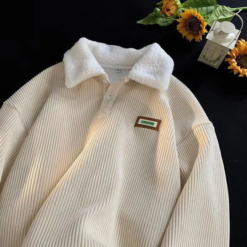 Corduroy Polo Collar Pullover Sweater for Cozy Winter Streetwear Outfits