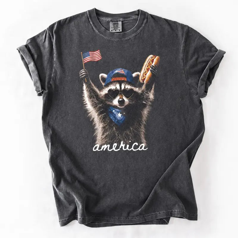 Funny Patriotic Raccoon Graphic T-Shirt for Fourth of July Parties
