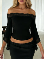 Elegant Lace Off Shoulder Crop Top for Feminine Y2K Date Night Style