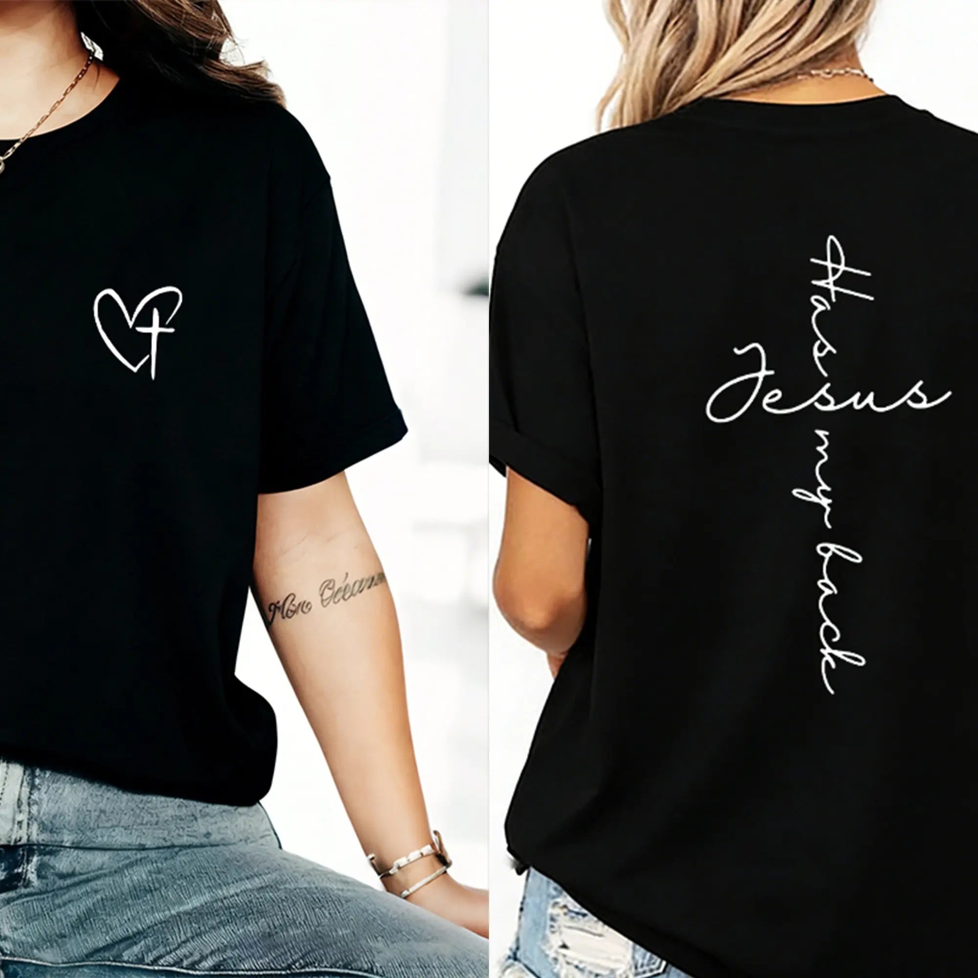 Faith Forward: "Jesus Has My Back" Minimalist Heart & Cross Graphic Tee