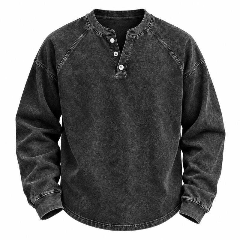 Men's Vintage Washed Henley Shirt with Long Sleeves and Relaxed Fit