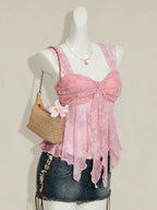Floral Sheer Mesh Asymmetrical Hem Top for Summer Vacation Style