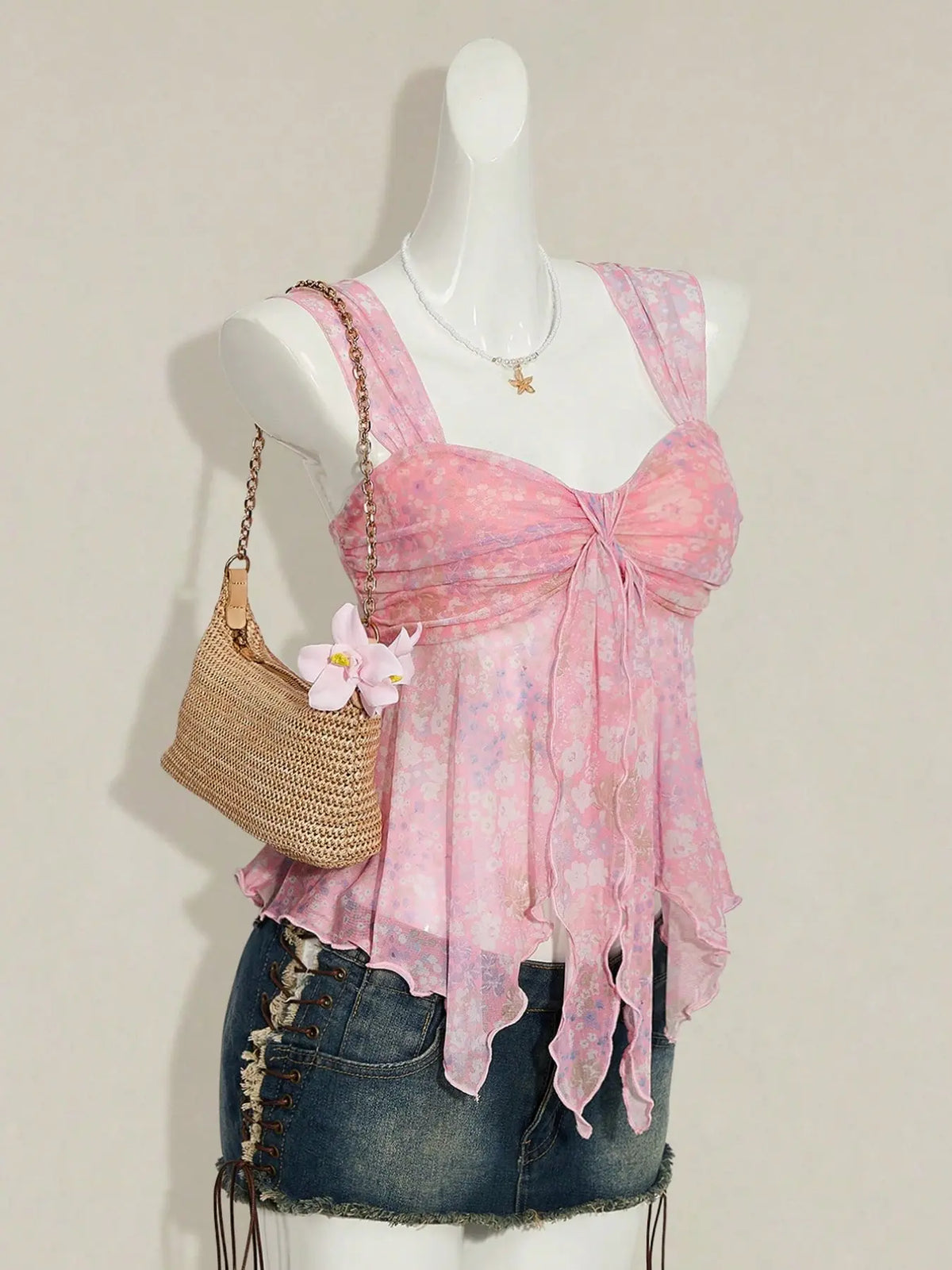Floral Sheer Mesh Asymmetrical Hem Top for Summer Vacation Style