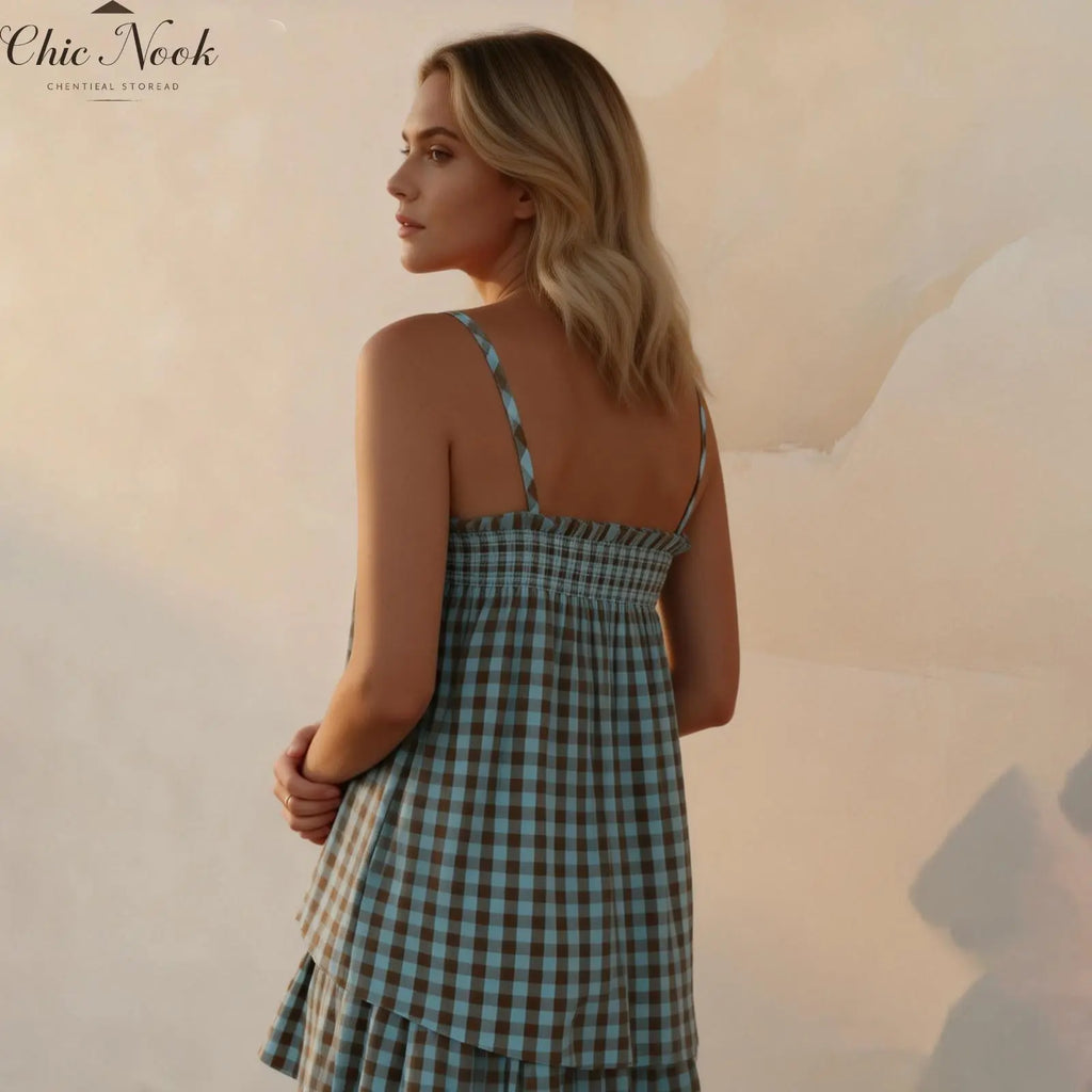 Women's Plaid Gingham Lounge Outfits Ruffle Flowy Tank Tops and  Wide Leg Shorts Sets