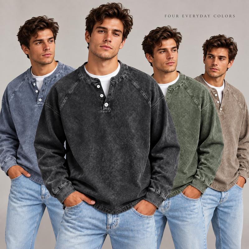 Men's Vintage Washed Henley Shirt with Long Sleeves and Relaxed Fit