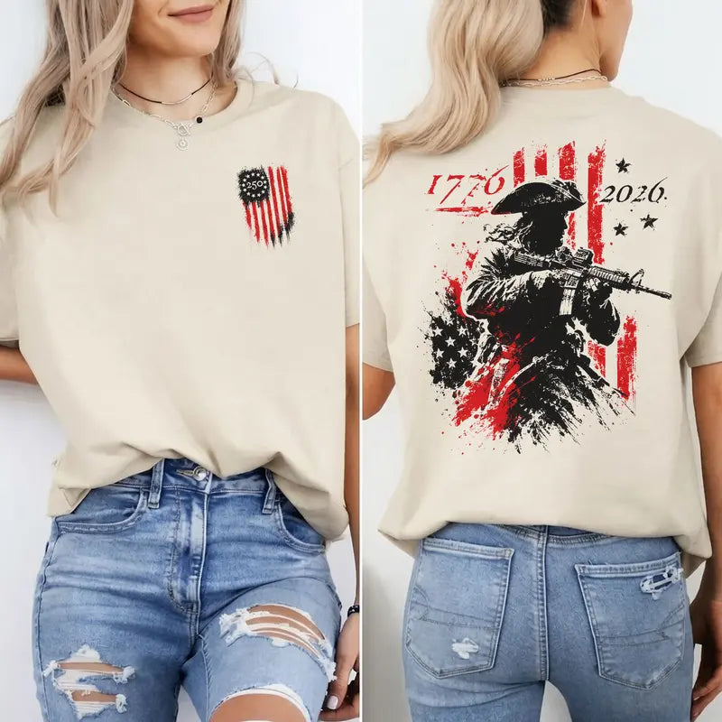 1776–2026 Patriotic Revolutionary Soldier Graphic T-Shirt for America's 250th Anniversary