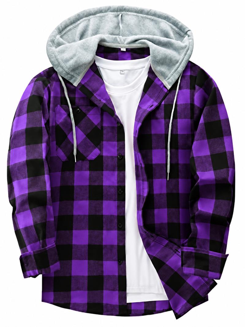 Men's Plus Size Checked Flannel Hooded Long Sleeve Shirt-Jacket - Button Front, Drawstring Hood, Pockets, Soft Casual Style Outerwear for Streetwear, Office Classic Outdoor