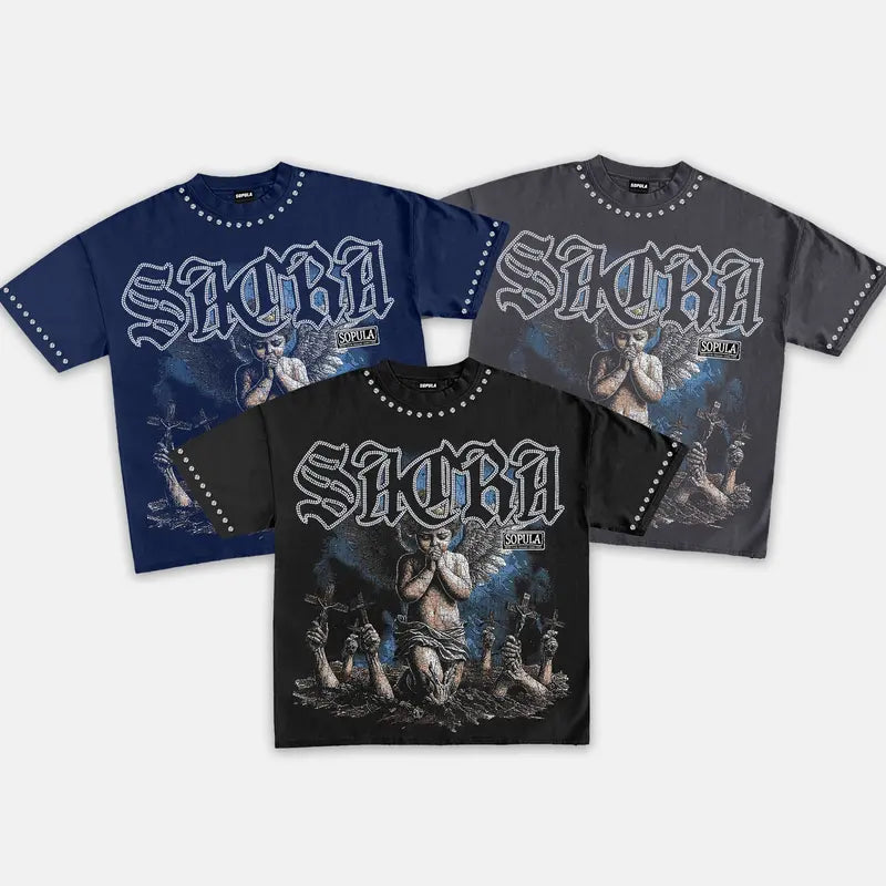 Retro Angel Graphic T-Shirt with Gothic Streetwear Style for Men