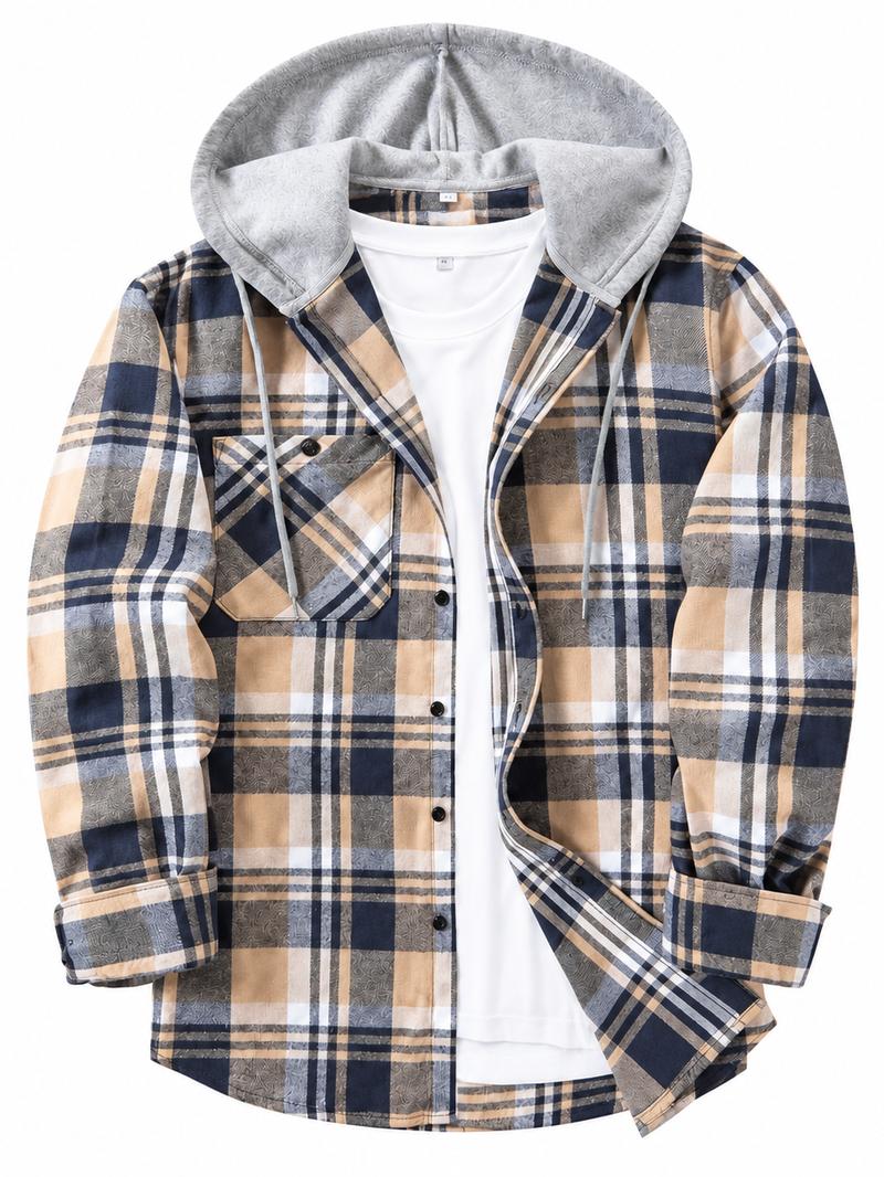 Men's Plus Size Checked Flannel Hooded Long Sleeve Shirt-Jacket - Button Front, Drawstring Hood, Pockets, Soft Casual Style Outerwear for Streetwear, Office Classic Outdoor