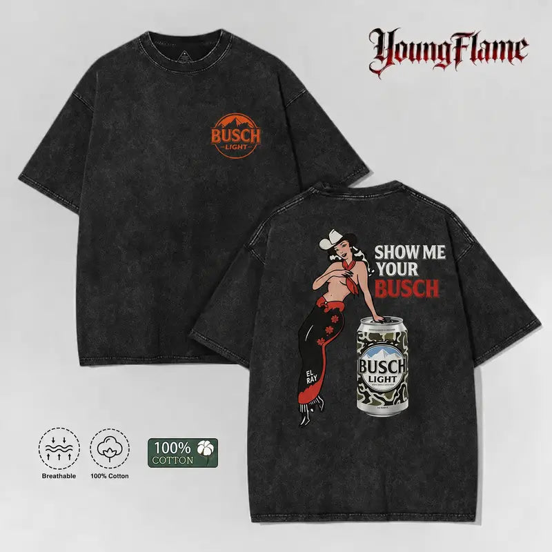 Vintage Pin-Up Beer Graphic Tee for Dive Bar Nights and Retro Streetwear