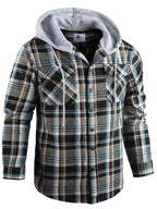 Men's Plus Size Checked Flannel Hooded Long Sleeve Shirt-Jacket - Button Front, Drawstring Hood, Pockets, Soft Casual Style Outerwear for Streetwear, Office Classic Outdoor